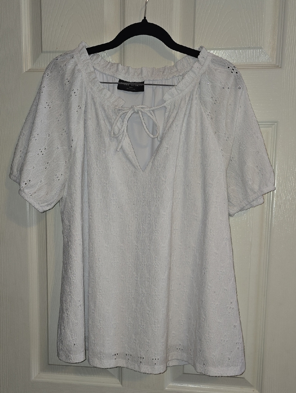 Lane Bryant White Eyelet Tie-Neck Peasant Blouse